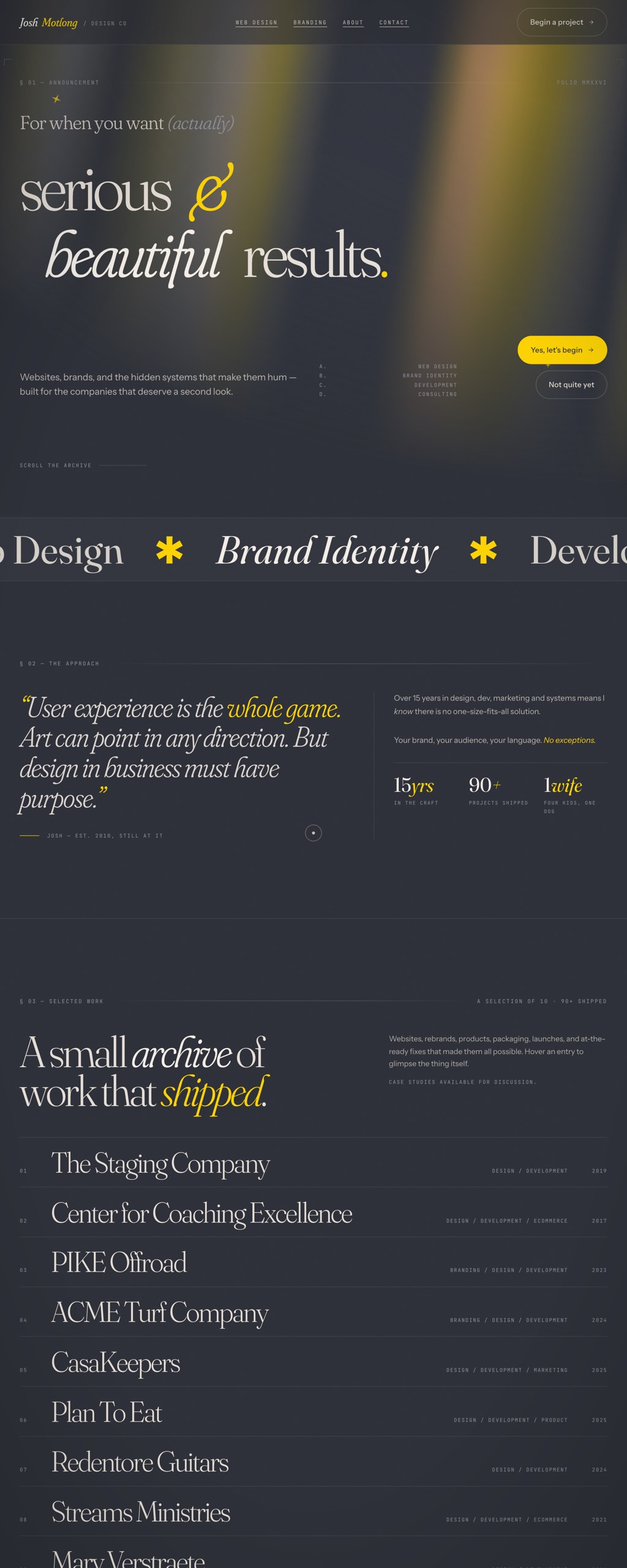 A preview of joshmotlong.design — a dark editorial portfolio